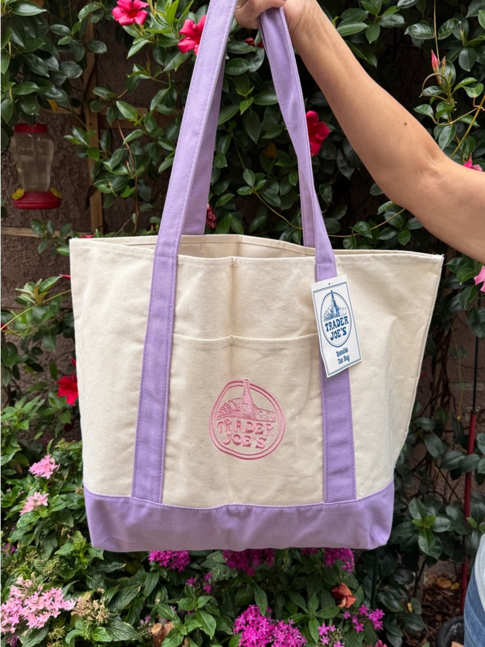 Trader Joe's LIMITED EDITION Large Canvas Tote with Lavender Trim